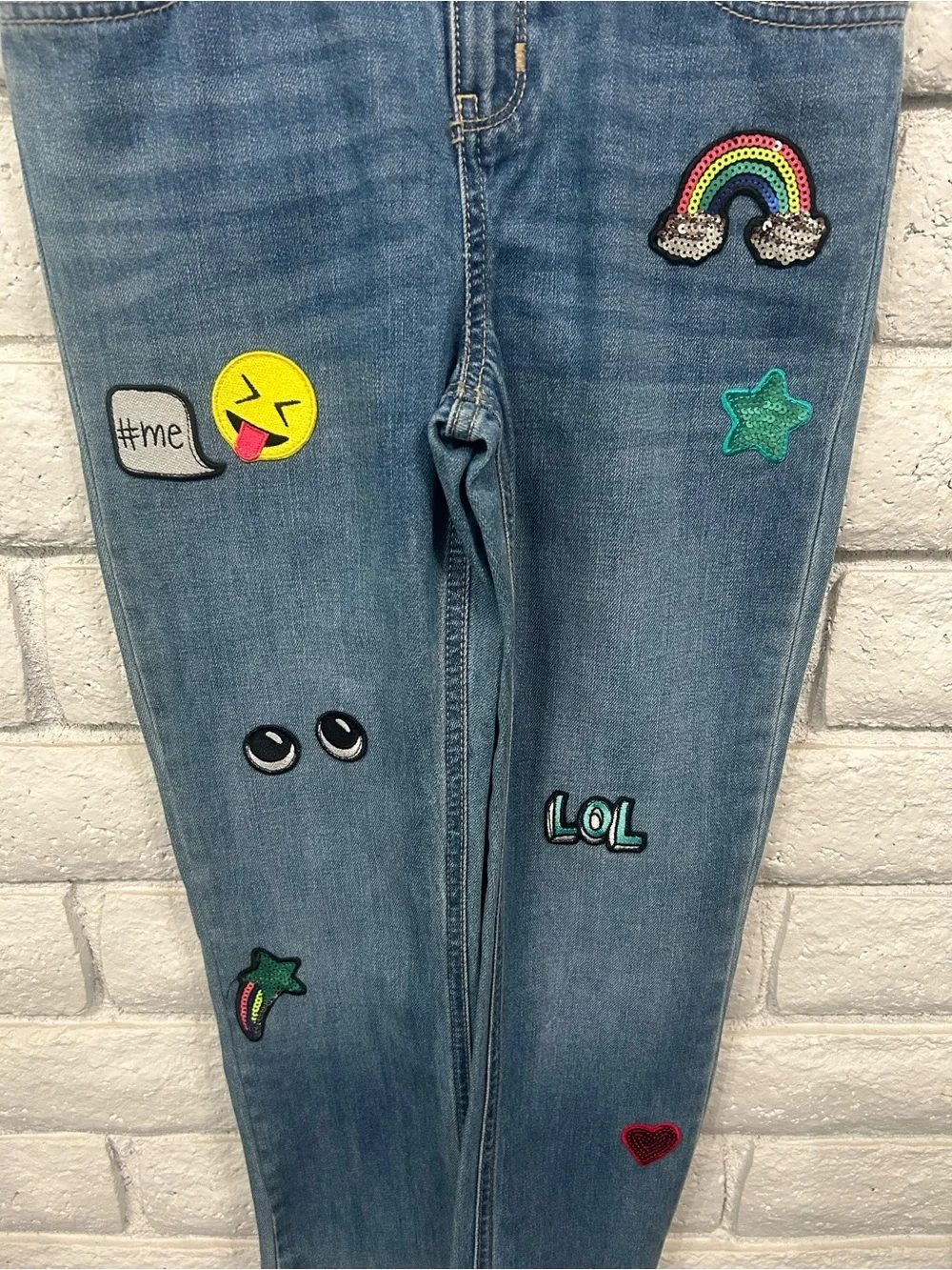 The Children's Place Girls Jeans Size 10 Patch Denim Emoji Rainbow Heart NWT